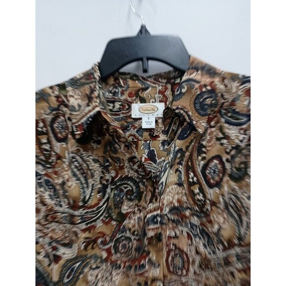 Talbots Womens Paisley Silk Top Size 6 Petite Brown Black Long Sleeve Button Up - Picture 2 of 9